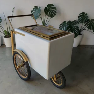 Tall Standard Size White with Gold trim Popsicle Cart with  Glass Door and  Bicycle Tires